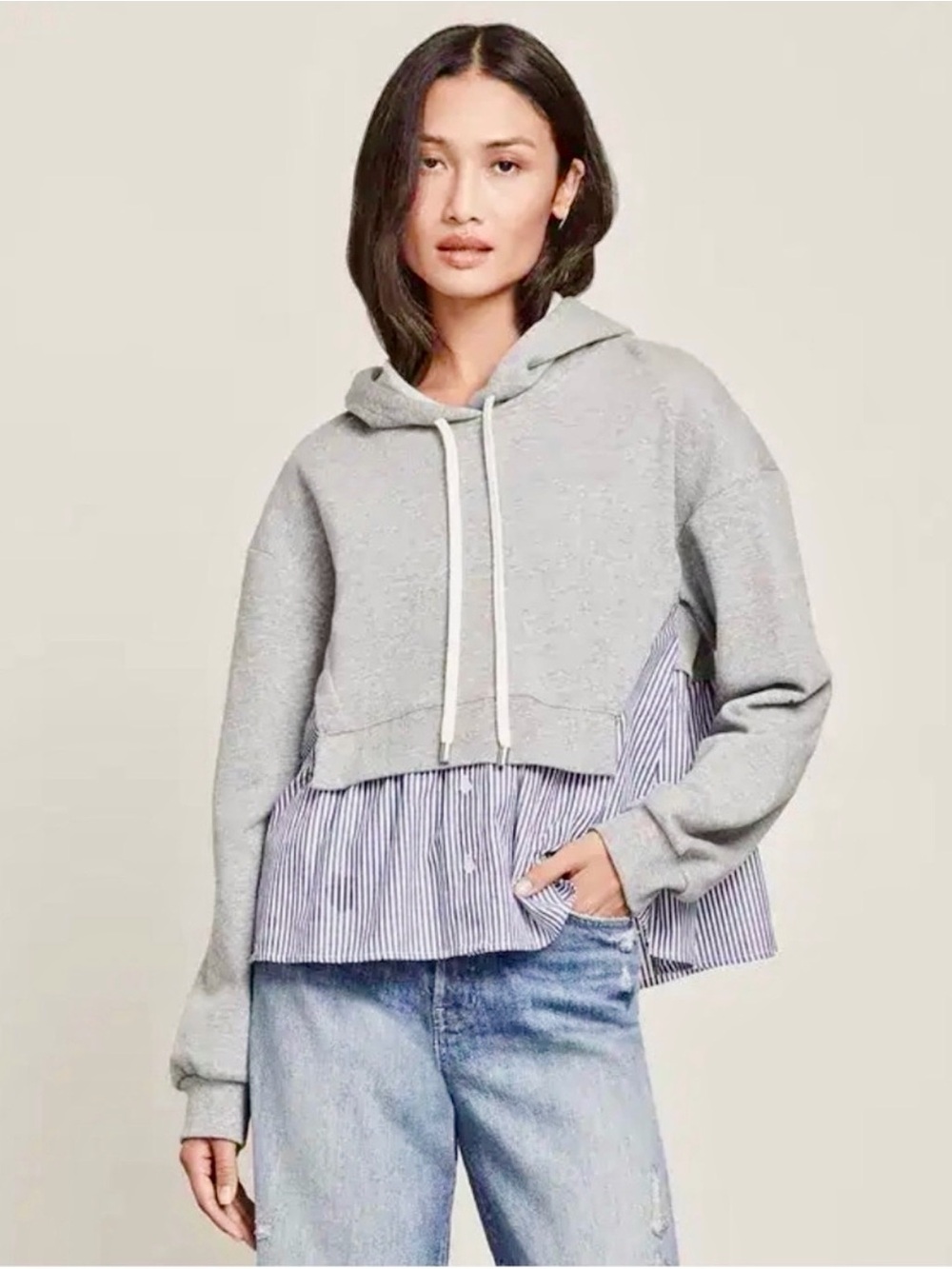 Veronica Beard Hockley Mixed Media Hoodie Sweatshirt Heather Gray XL NWT